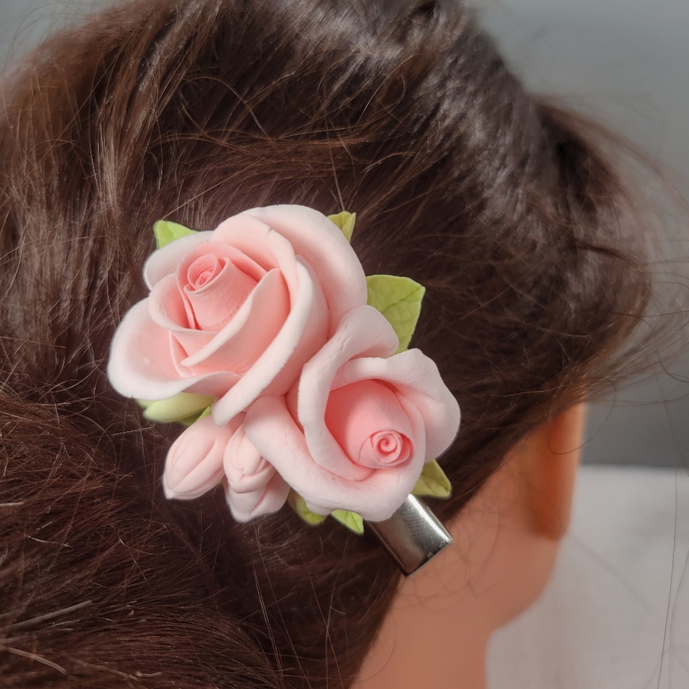Handmade Pastel Pink Rose Clay Hair Barrettes –Unique Floral Hair Clip for Women